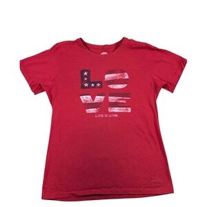 A81 Life Is Good LOVE Tee American Flag Sz Small red white blue